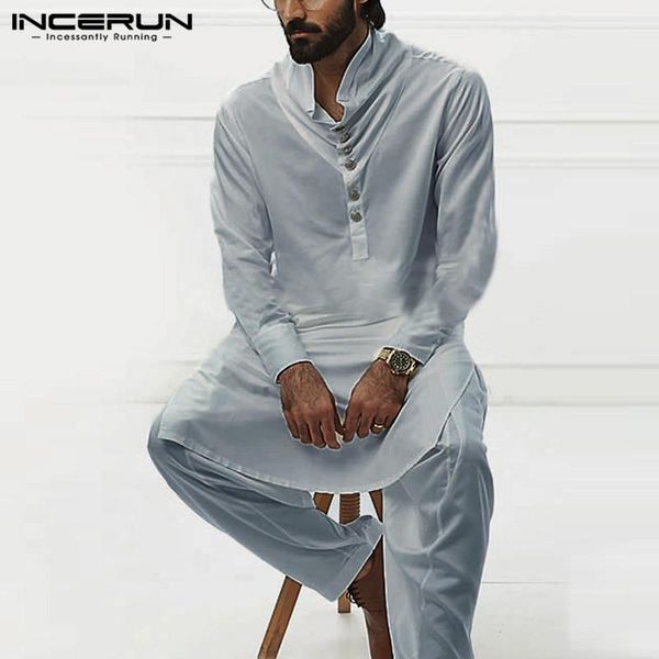 

incerun muslim men kaftan lapel button long sleeve solid color islamic arabic caftan fashion dubai middle east jubba thobe s-5xl, Red