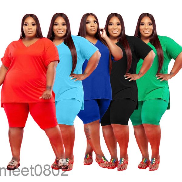 

women's two piece pants selling 2021 summer designer v-neck large size 5x solid color leisure suit fashionable short sleeve sh, White