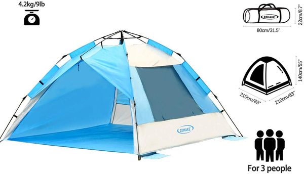 

tents and shelters zomake instant beach tent 3-4 person, up sun shelter easy setup portable shade with spf 50 +uv protection for family