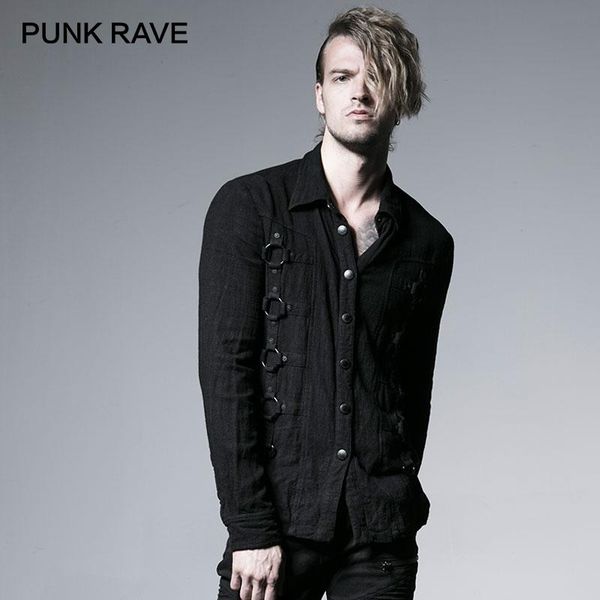 

rock fashion curde grain punk heavy vintage metal with iron hoop men black long sleeve shirts harujuku men's casual, White;black