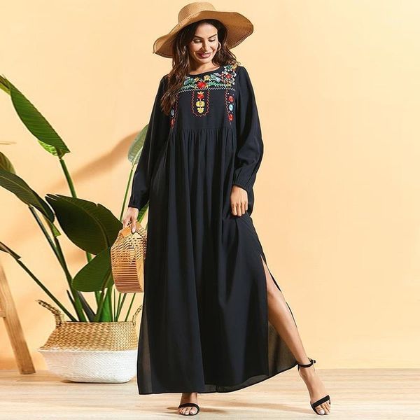 

black pleated floral embroidery maxi dress side split plus size women's bohemian loose o neck long sleeve dresses casual, Black;gray