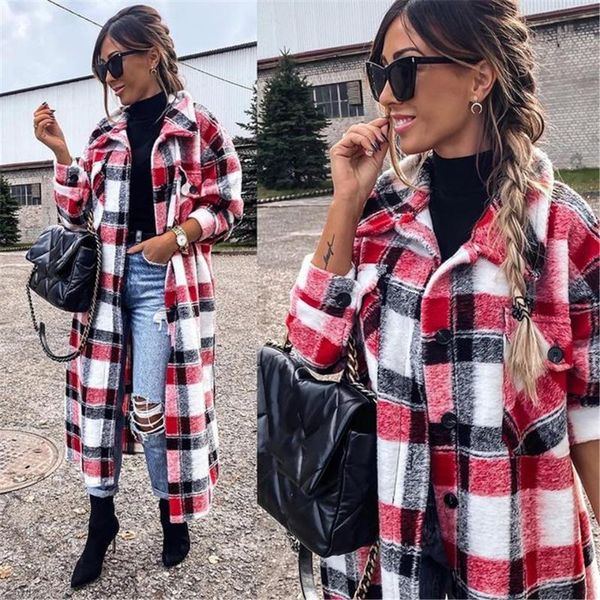 

women's jackets coat autumn winter long sleeve red plaid jacket women lapel single breasted cardigan turndown collar, Black;brown