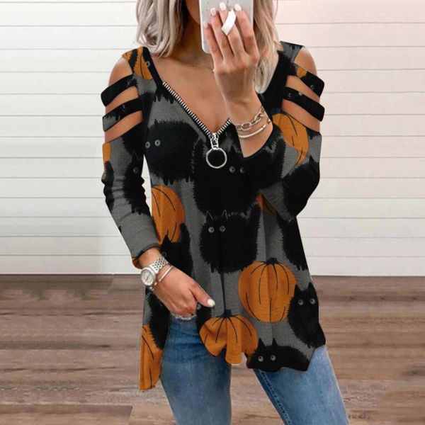 

women's blouses & shirts t-shirt 2021 autumn halloween print v-neck zipper tshirt hollow out pullover casual loose oversize ladies blou, White