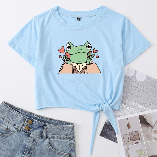 

women's t-shirt cute frog in love crop summer casual short-sleeve printing cotton cropped graphic tee with front knot, White