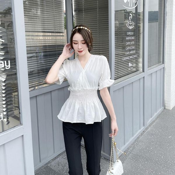 

women's blouses & shirts real s large summer bubble short sleeve shirt 2021 sweet v-neck slim ruffle top, White