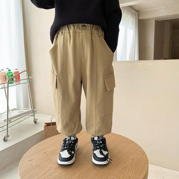 

trousers winter boys casual warm fleece inner cargo pants children loose side pocket, Blue