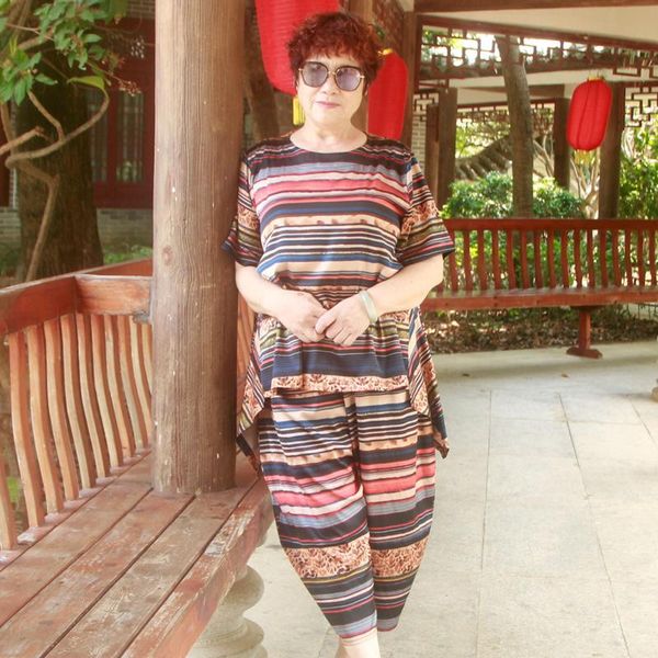 

women's two piece pants middle age woman 2 sets short sleeve summer outfits for women and striped loose 7xl plus size set h387, White