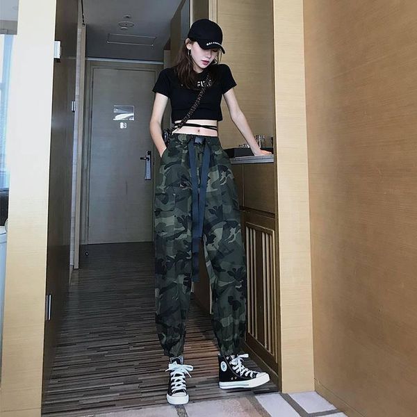 

women's pants & capris women mid waist camouflage fashion capri trouser ankle-length sweatpants streetwear camo pocket belted funny, Black;white