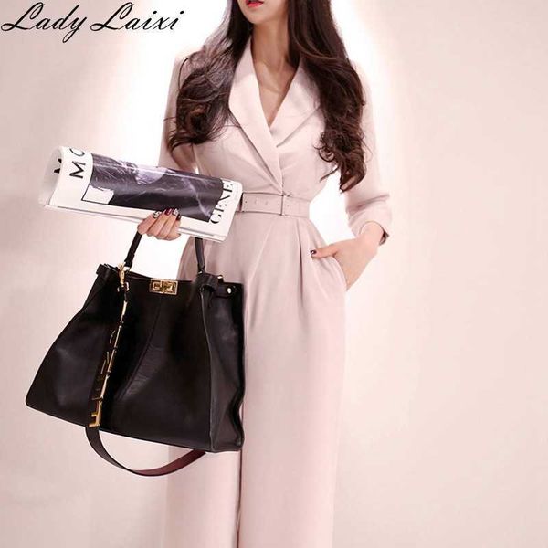 

spring high waist belted wide leg jumpsuits women notched neck rompers office ol work wear formal playsuits 210529, White