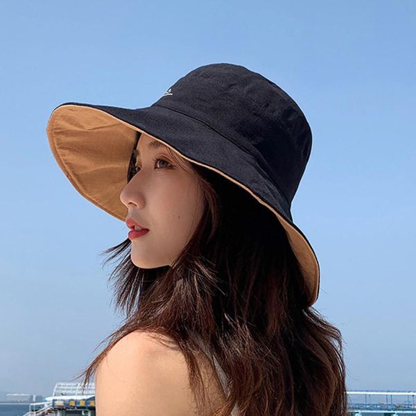 

women wide brim bucket sun hats cotton cloth beach fisherman caps double sided protection outdoor, Black;white