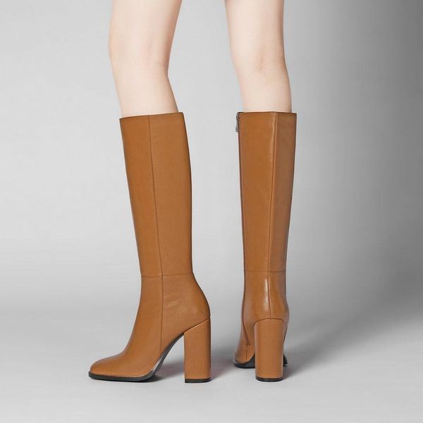 

boots autumn winter women fashion pu leather knee high square heel long zipper ladies shoes, Black
