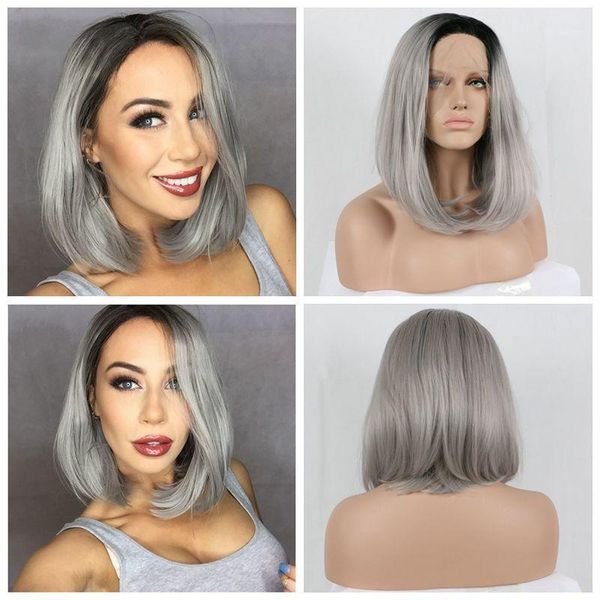 

grey and black ombre colored bob synthetic lace front wig short curly cosplay wigs glueless dark root frontal for women1