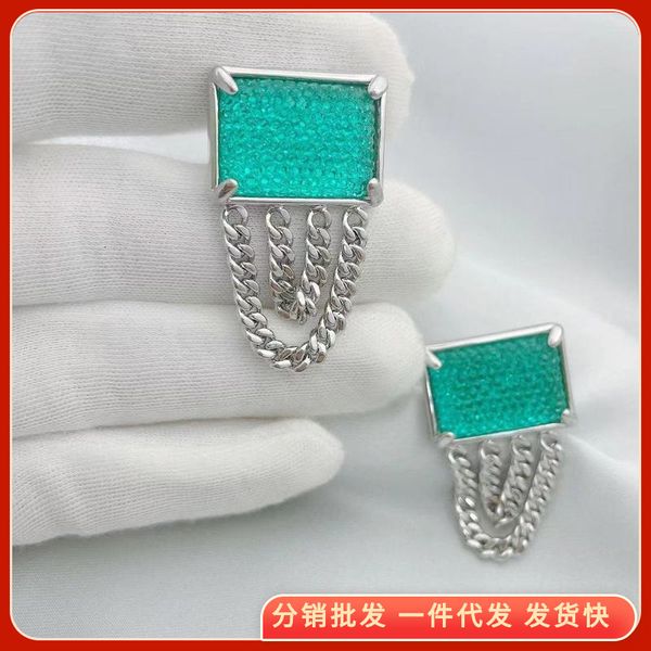 

charms niche design tide brand personality rectangular emerald broken chain net red thin face earrings, Golden