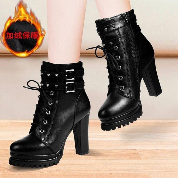 

boots autumn winter women solid lace-up european ladies shoes pu fashion heels h479, Black