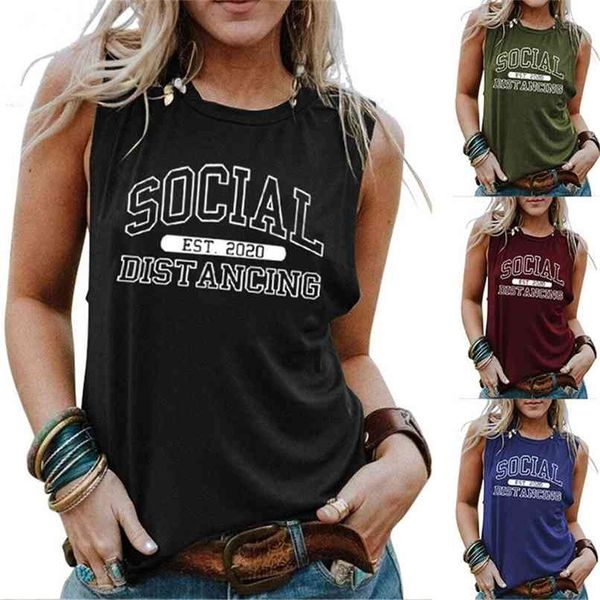 

social est distancing print women tank o-neck sleeveless oversized gothic tshirts female harajuku summer clothes 210705, White