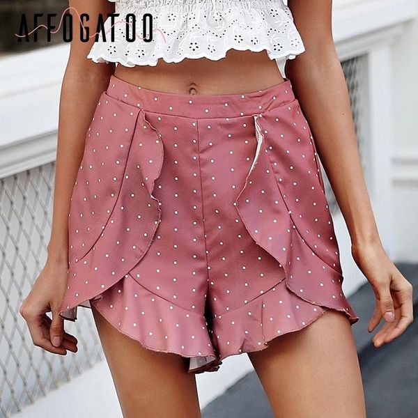 

affogatoo dot ruffle casual shorts summer 2021 beach print boho high waist women chiffon streetwear pink femme women's, White;black