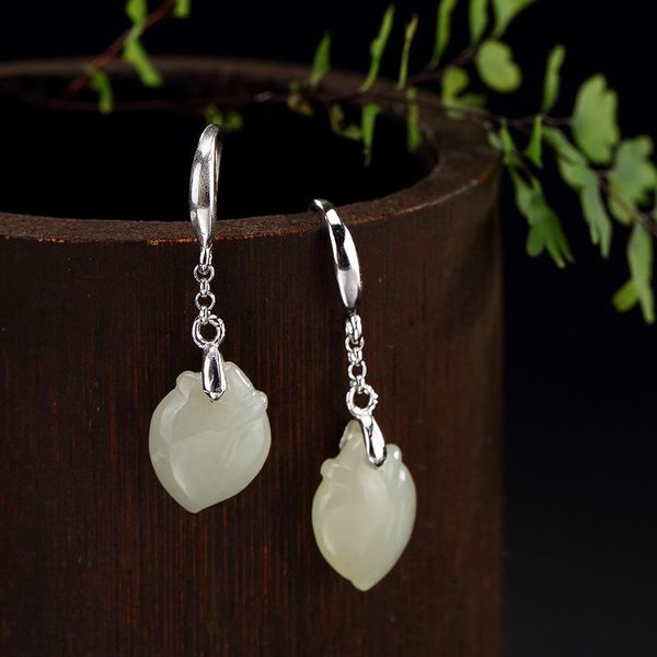 

dangle & chandelier natural 925 sterling silver inlaid hetian jade petal earrings jewelry simple individuality for women