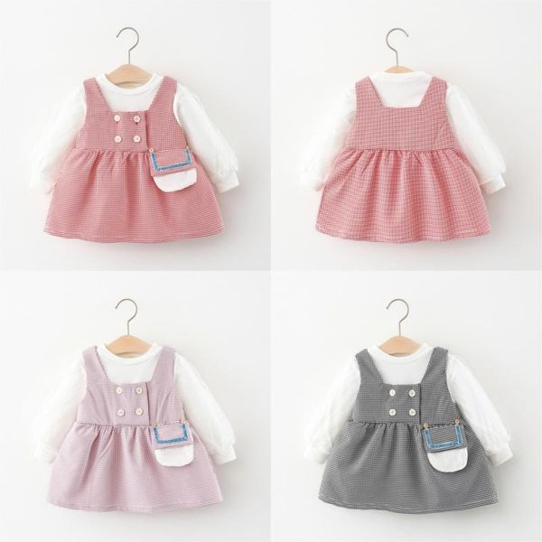 

girl's dresses keelorn baby girls casual dress autumn long sleeve t-shirt + plaid overalls 2pcs outfits for toddler princess vestidos, Red;yellow