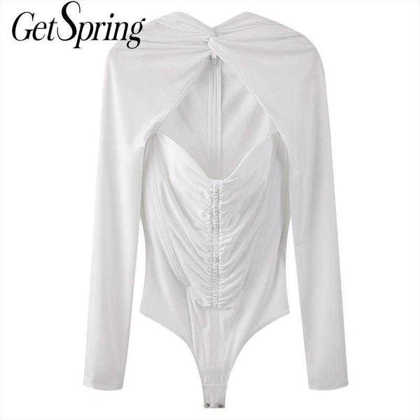 

getspring women jumpsuit fake two long sleeve bodysuit fashionable pleat hollowed out slim spring 210601, Black;white