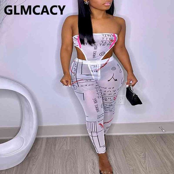 

two pieces sets women letter printed strapless romper & bodycon pants 210702, White