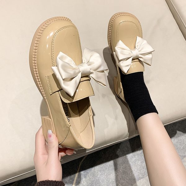 

shoes woman 2022 autumn british style oxfords bow-knot new summer fall retro preppy leather butterfly med rubber hoof heels butt, Black;white