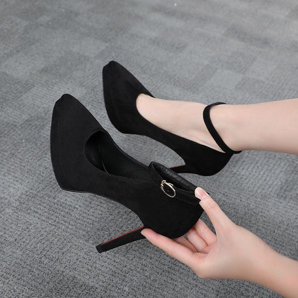 

women's pumps high heels ankle strap flock female platform shoes mary jane women ladies footwear dress, Black
