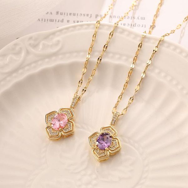 

pendant necklaces luxury full rhinestone pink purple zircon crystal flower women necklace no fade gold color stainless steel jewelry gift, Silver