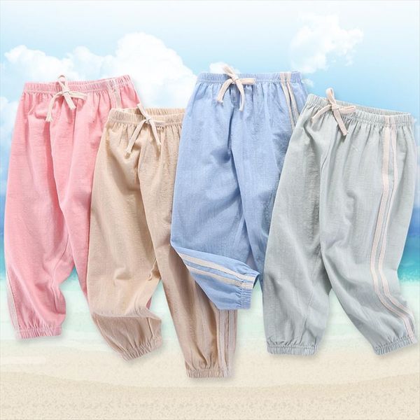 

children pants cotton linen kids trousers anti mosquito summer for boys girls candy color breathable fashion casual long, Blue