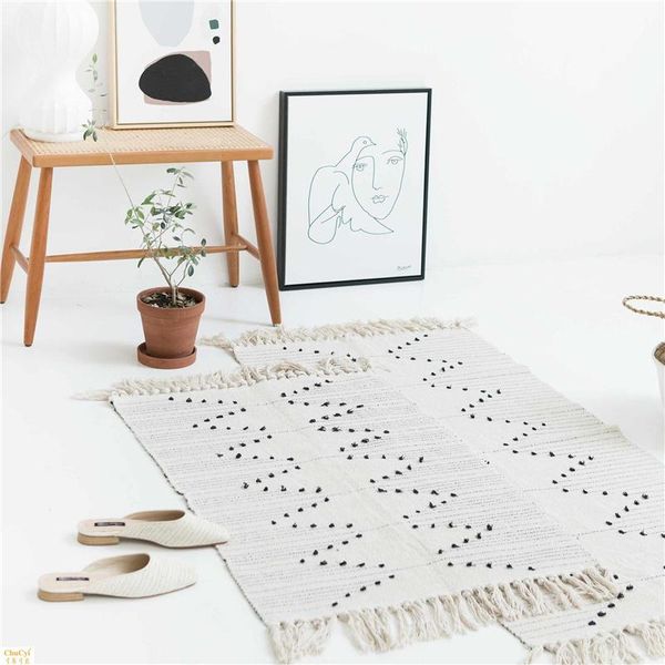 

bohemian cotton rug white tassel carpet floor mat boho sofa cushion hand woven crochet blanket small area bedside anti skid pad carpets