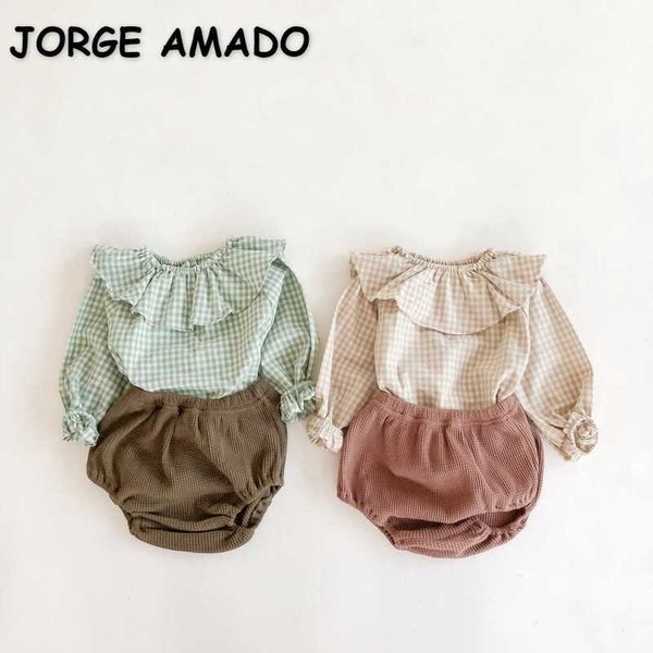 

spring kids girls 2-pcs sets plaid shirts + solid color shorts cute style born clothes e6094 210610, White