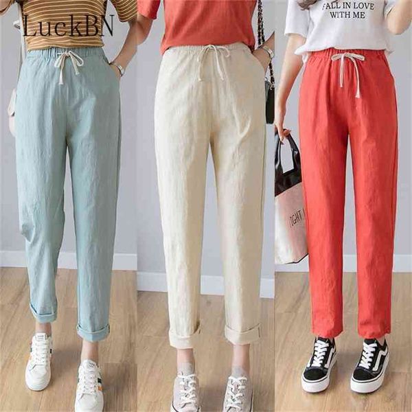 

women casual harajuku long ankle length trousers summer autumn large solid elastic waist cotton linen pants black 210915, Black;white