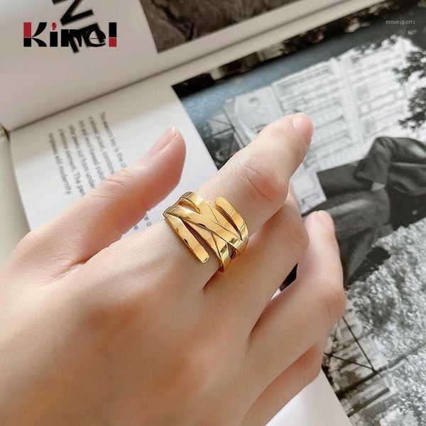 

cluster rings kinel 100% real 925 sterling silver for women vintage punk width surface weave 18k gold jewelry open ring1, Golden;silver