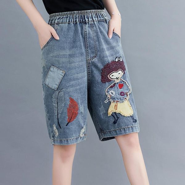 

women's jeans denim pants women summer embroidered cartoon female hole elastic waist loose casual vintage knee length, Blue