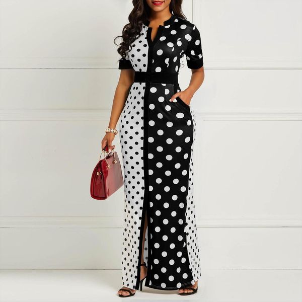 

fashion autumn vintage polka dot womens dress print bodycon summer short sleeve plus size long maxi dresses vestidos, Black;gray