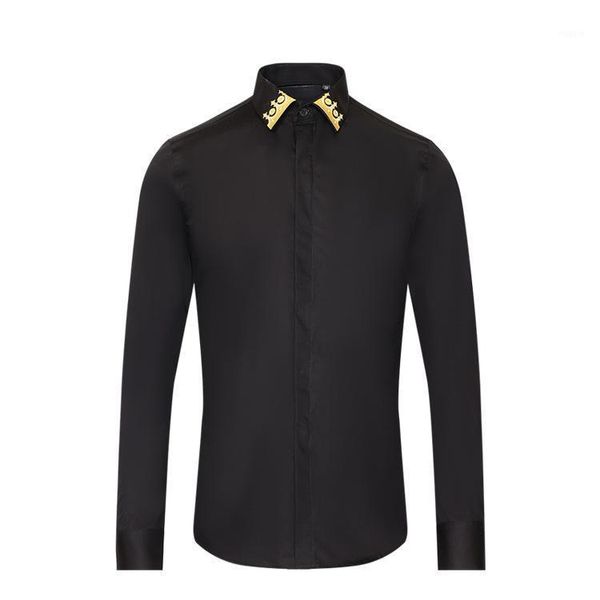 

men's casual shirts black royal mens luxury gold embroidery long sleeve dress slim fit male plus size 3xl, White;black