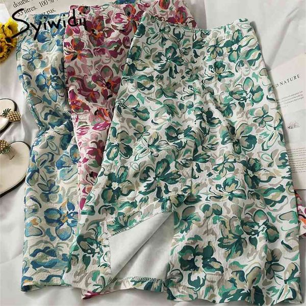

vintage floral skirts for women casual back zipper split a-line summer fall fashion green blue red midi skirt 210607, Black