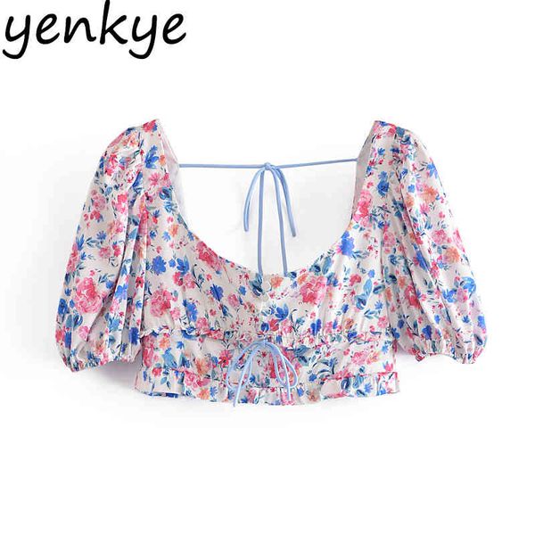 

multicolor floral crop women square neck puff sleeve holiday summer boho short blouse chic blusas 210430, White