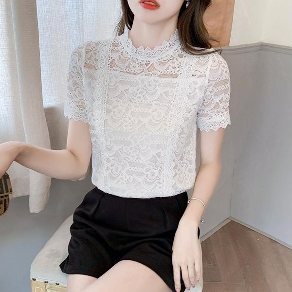 

women's blouses & shirts shirt 2021 summer fashion temperament wispy lace round neck short sleeve solid chiffon 2-8324#], White