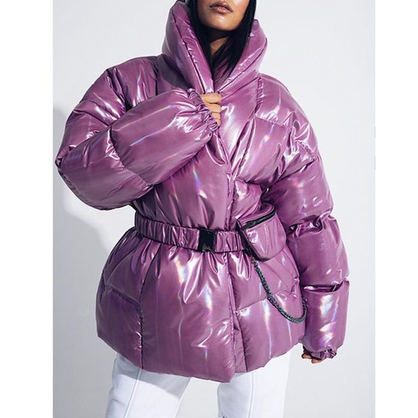 

women's down & parkas quinn fashion winter turn collar women elegant solid tie belt shiny coats chain cotton jackets ladies, Black