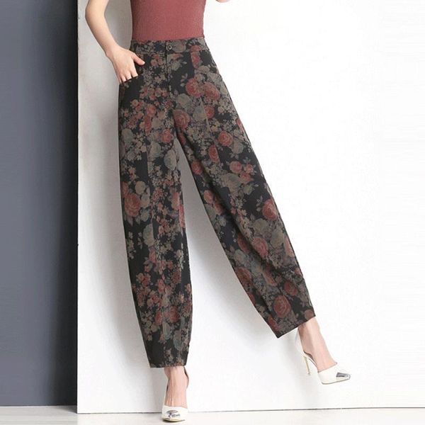 

women's pants & capris spring summer vintage womens high waisted wide leg harem ankle length , fall casual woman floral printed trouser, Black;white