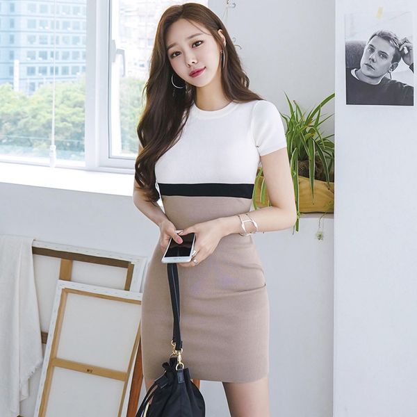 

Female fashion elegant summer neck style temperamental arrival work cut-off bouncy pencil dress, Black;gray