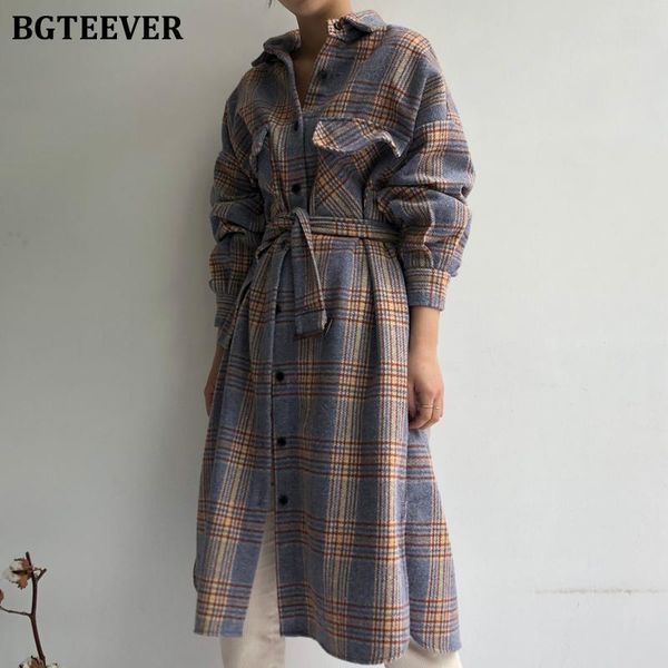 

women's wool & blends bgteever casual lapel patchwork plaid long blend coats for women autumn oversized lace-up female single-breasted, Black