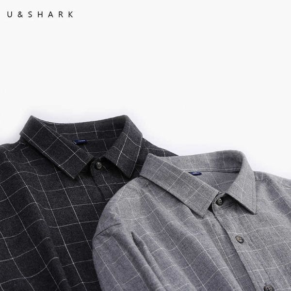 

u&shark black plaid shirts for men cotton casual flannel shirt men long sleeve vintage clothes checkered shirt male 210603, White;black