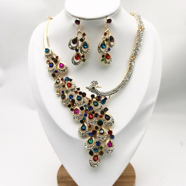 

colorful rhinestone peacock bridal jewelry sets gold color alloy crystal statement necklace earrings wedding set chokers, Golden;silver