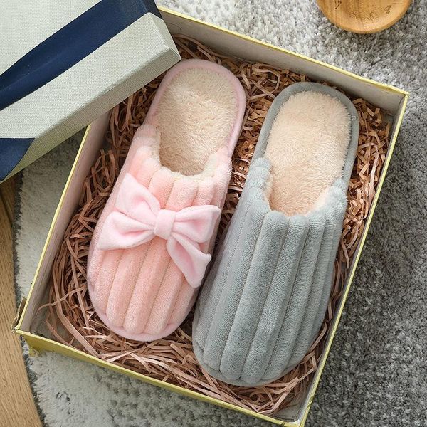 

womens mens couple corduroy winter home slippers women cute bowknot warm cotton shoes male soft plush round toe slides, Black