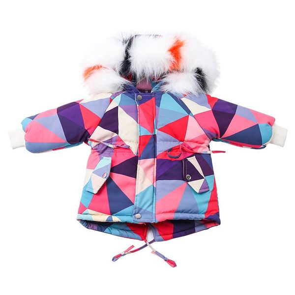 

boy winter jacket coat girl's and boy geometry printed fur collar plus velvet cotton coat korean-style winter kids coats, Blue;gray