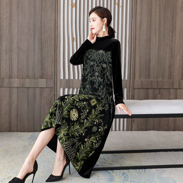 

vintage goalpost embroidered long sleeve dress in velvet gold female temperament loose elegant shreds dressed y860 e0t0, Black;gray