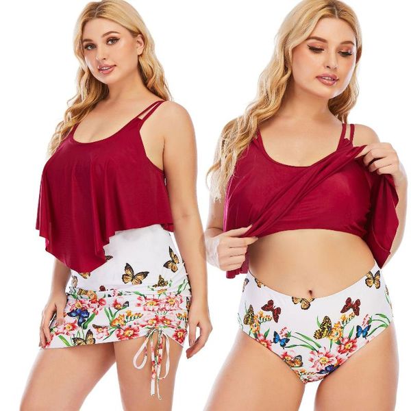 Kadın Mayo Kırmızı Etek Üç Parçalı Mayo Kadınlar Artı Boyut Brezilyalı Bikini Seti 3 Parça Mayo Takımı Traje Push Up Plaj Giyim