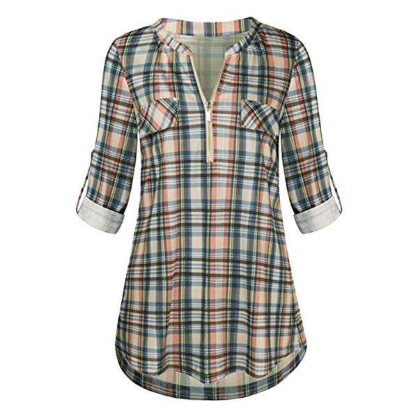 

women's t-shirt women rolled sleeve zipped t shirt v-neck plaid printed tunic casual button shirts for vintage tshirts feminina, White