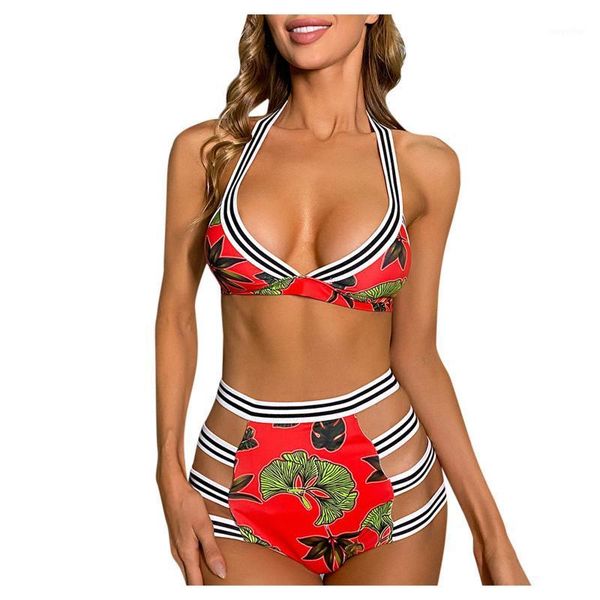 

women's swimwear women tropical plant print split swimsuit pattern beach bikini setspecial fabric female high waist, White;black